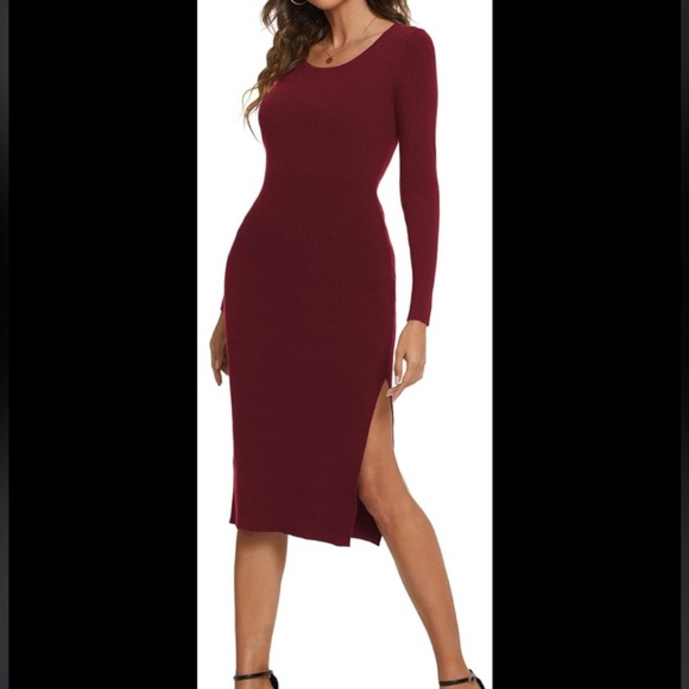 Capuffy Womens Scoop Neck Long Sleeve Belted Ribbed Bodycon Dress Red Medium